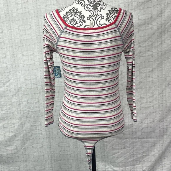 NWT Large Free People Put A Stripe On It Thong Bodysuit Vneck Long Sleeves - Picture 8 of 15